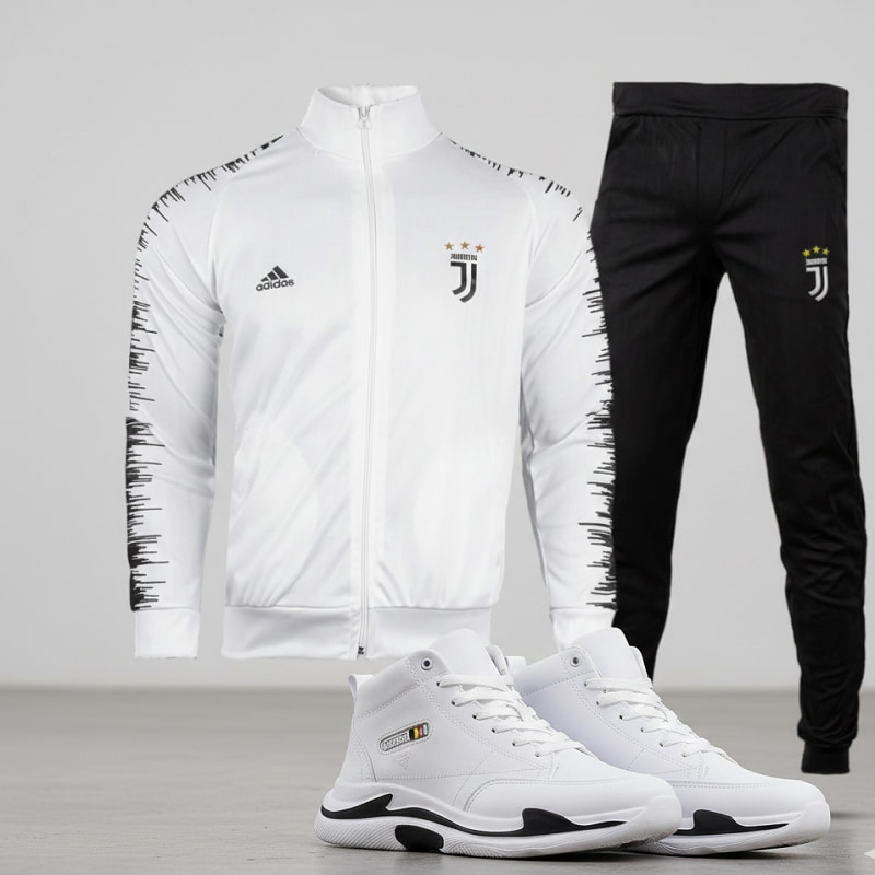 پکیج ست سوییشرت شلوار یوونتوس مردانه مدل R77 کفش ساقدار مردانه EMTO-سفید